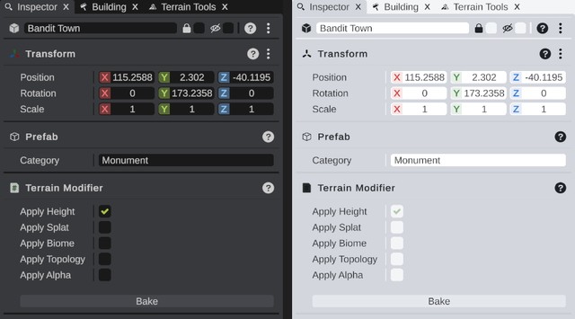 The Inspector in the Default and Light color schemes, side by side