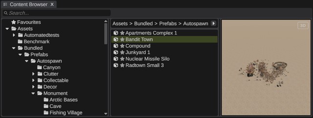 The Content Browser with the folder tree on the left, the file list with Bandit Town picked, and its preview