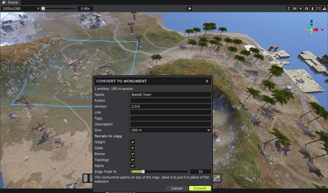 The Convert to Monument dialog over the scene view, with the blue square and the fainter fade square around Bandit Town