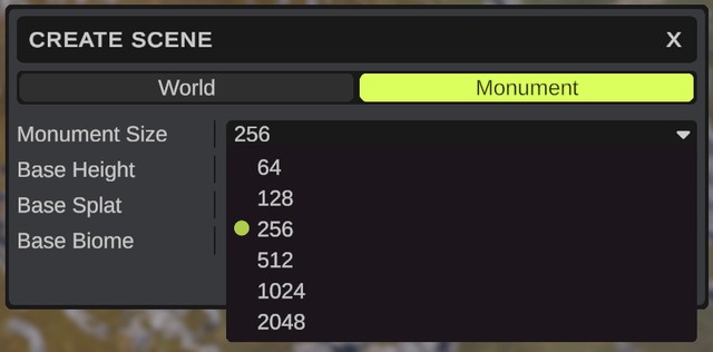 The Create Scene dialog with Monument picked and the Monument Size list open