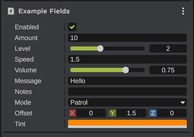 The Example Fields section from the example manifest in the Inspector, with every field type