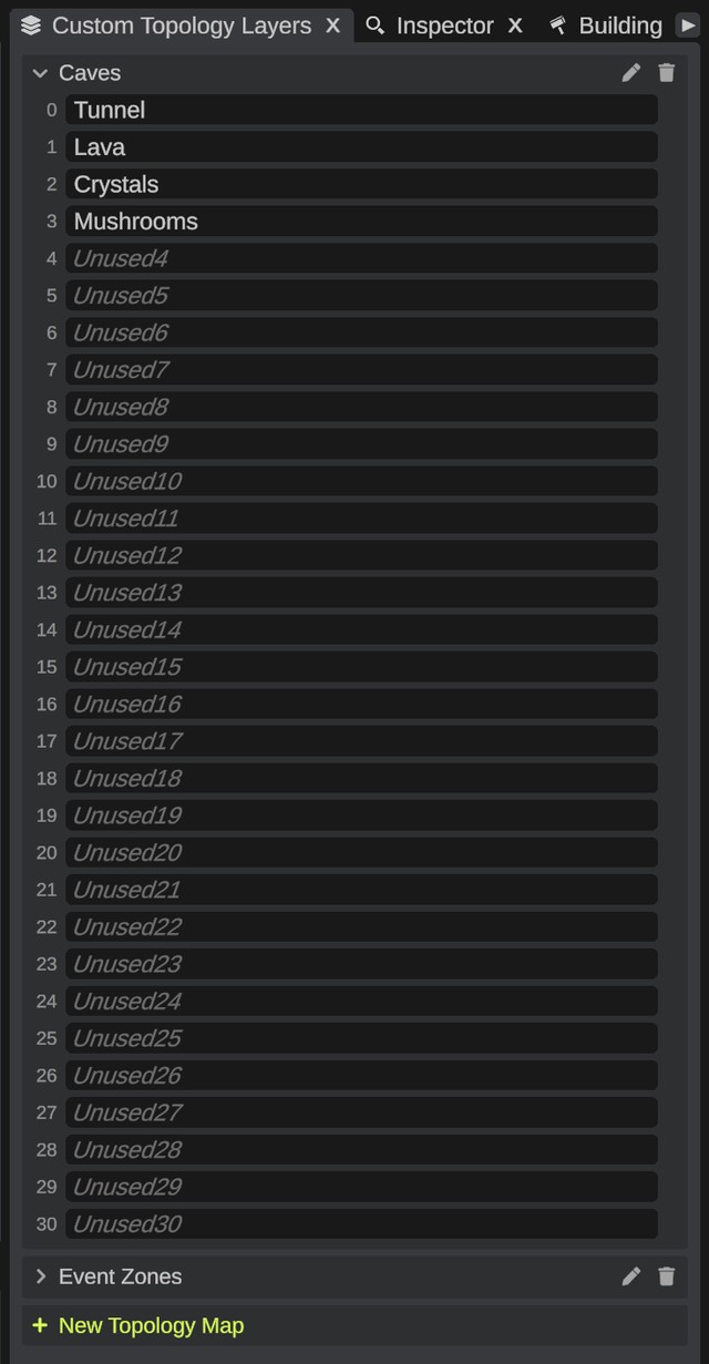 The Custom Topology Layers panel with two maps, the Caves card open showing its layer names