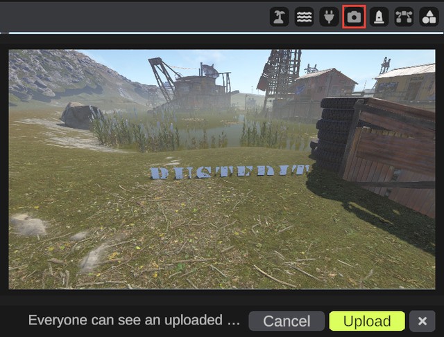 The camera button in the scene view header (marked), and the upload preview with Upload and Cancel