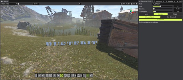 The Generate Text panel and the generated RUSTEDIT text in the scene