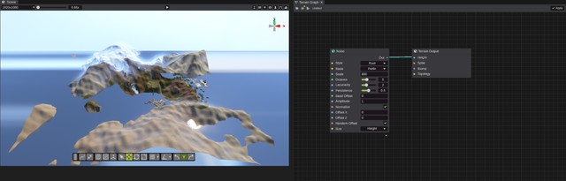 The previewed terrain in the scene view, and the Terrain Graph window with a Noise node wired into Terrain Output