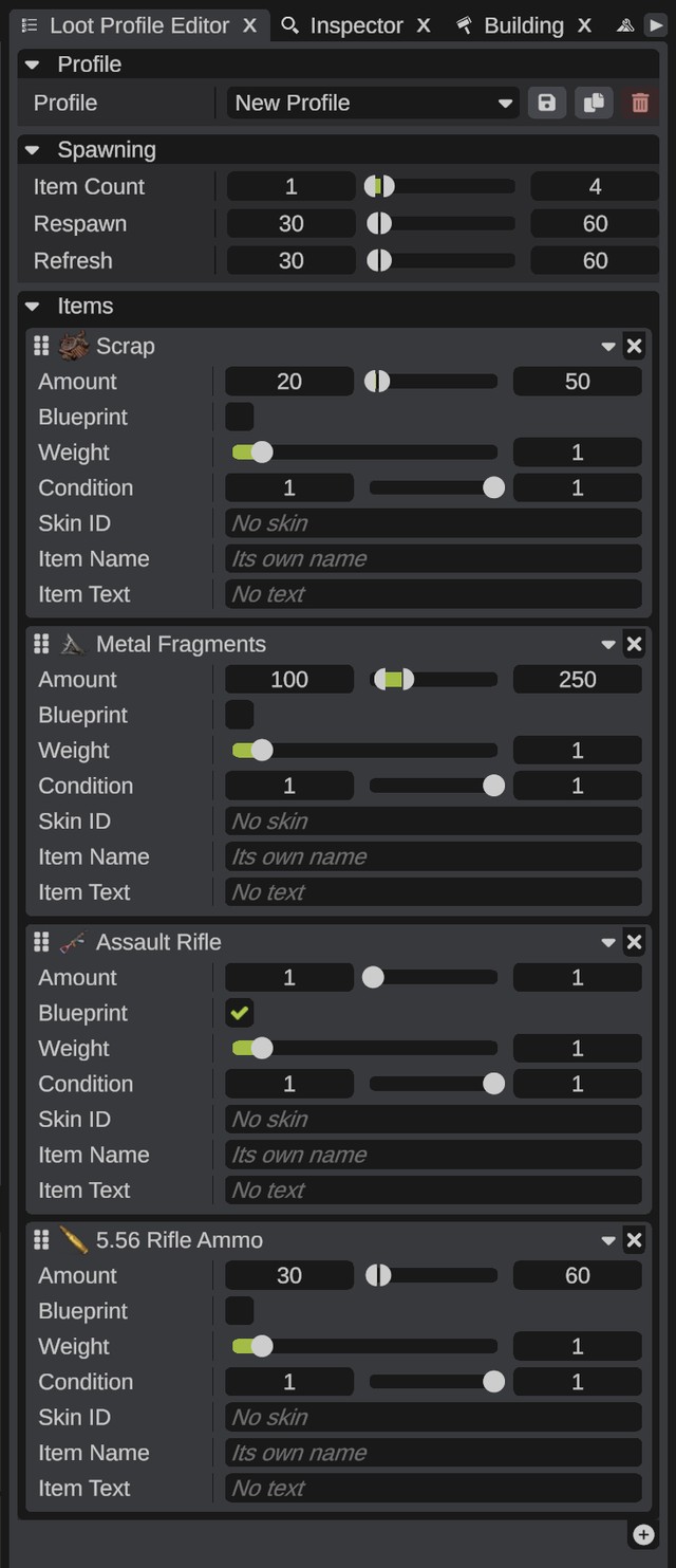 The Loot Profile Editor with a new profile open: Profile, Spawning and four item cards