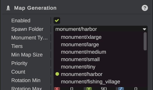 The Map Generation panel with Enabled on and the Spawn Folder list open