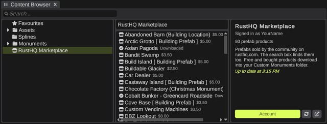 The Content Browser with the RustHQ Marketplace folder open: product rows with their price or Downloaded badge, and the marketplace page in the preview area