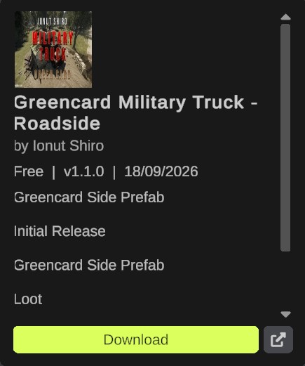 The details box of a free product: its picture, name, author, price, version and date, its notes, the Download button and the Open On RustHQ icon button