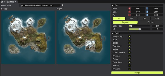 The Merge Map panel with a map loaded, the source box on the north west and the target box on the south east