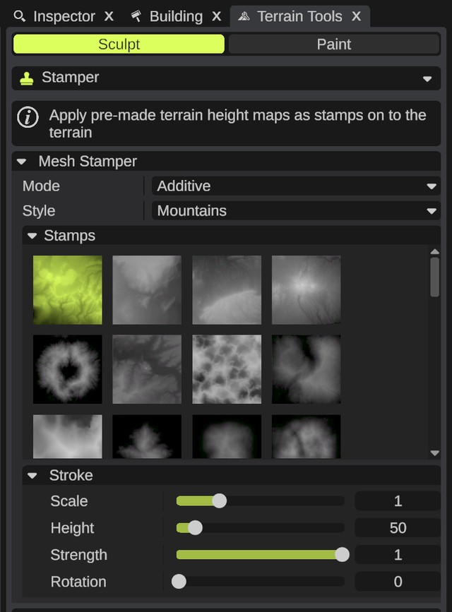 The Mesh Stamper section with Style Mountains and a stamp picked