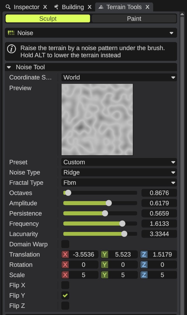 The Noise tool section with its Preview and Preset rows
