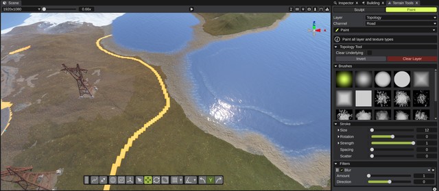 Paint mode with Layer Topology and Channel Road, and the yellow topology overlay on the terrain