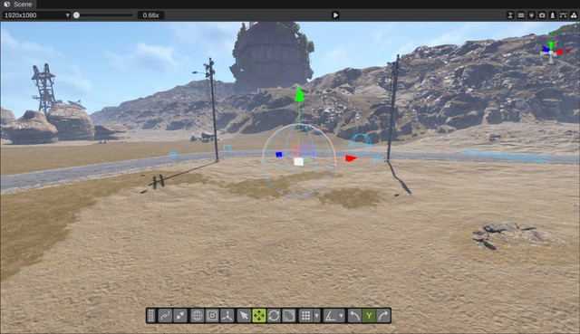 A few placeholders in the scene view: wireframe spheres and boxes, the radiation sphere selected