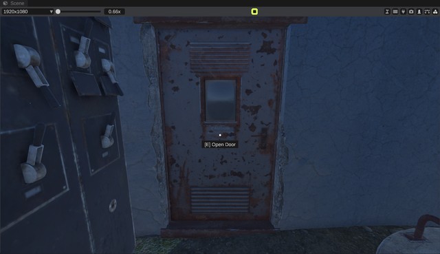 The scene view in Play mode in front of a door, with the crosshair and the "E Open Door" line under it