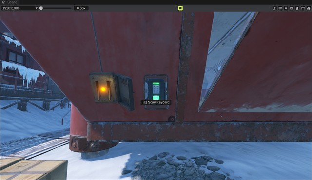 Play mode in front of a card reader at the Arctic Research Base, with the "E Scan Keycard" line under the crosshair
