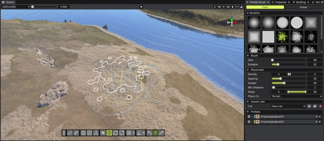 The Prefab Brush panel next to the scene view, with the brush outline and the planned prefab rings on the terrain