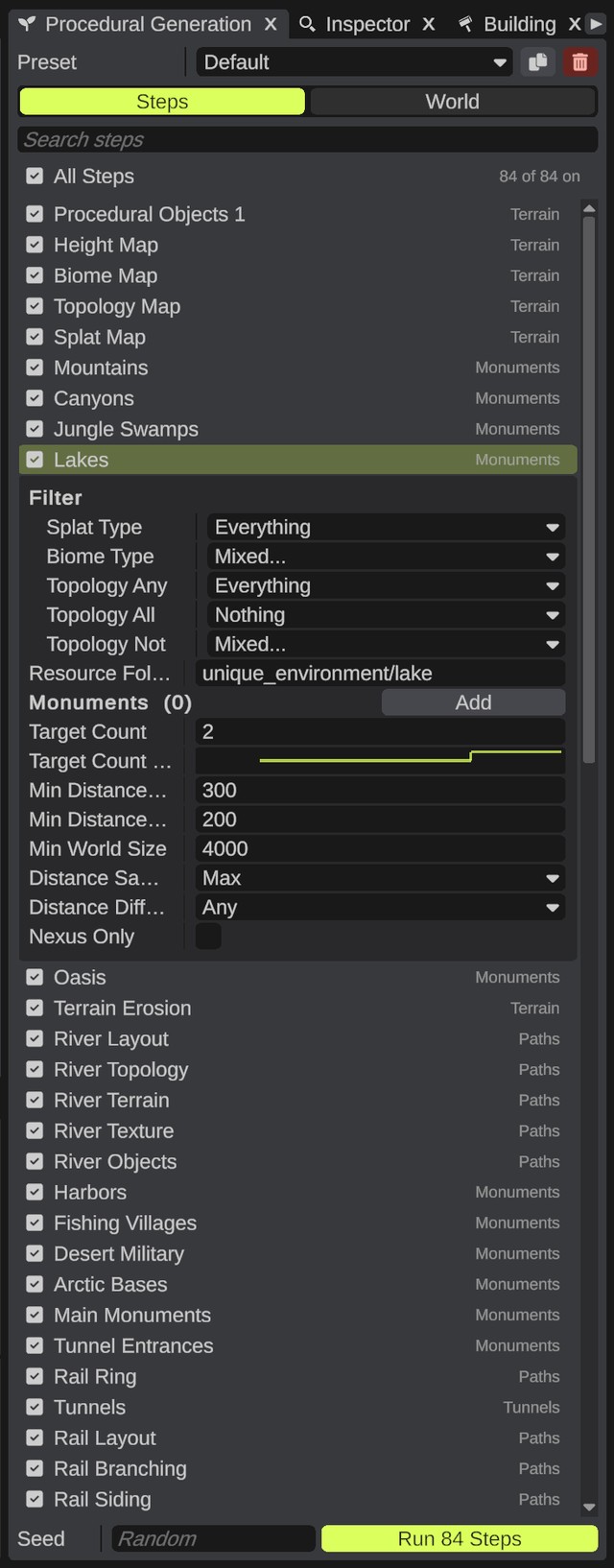 The Procedural Generation panel with the step list and the Lakes step picked, its settings open