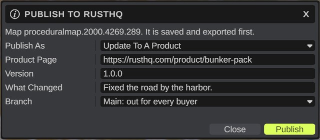 The Publish To RustHQ dialog with Publish As set to Update To A Product. This account sells no products yet, so the dialog shows Product Page instead of Product