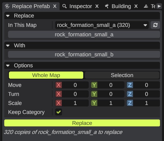 The Replace Prefab panel with rock_formation_small_a to replace with rock_formation_small_b