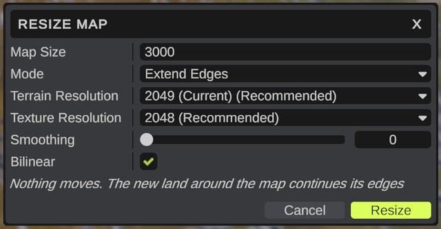 The Resize Map dialog with Extend Edges picked