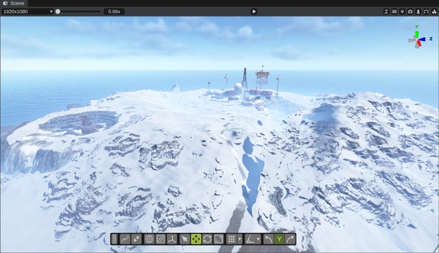 A Road Bed terrain spline cutting a flat bed through snowy hills