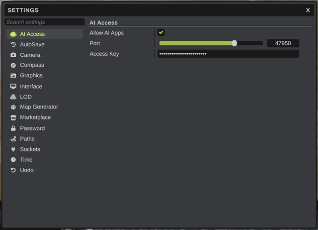 The AI Access group in Settings with Allow AI Apps on, the Port and the Access Key