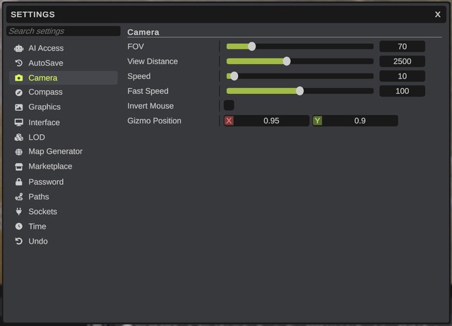 The Settings dialog with the Camera group picked