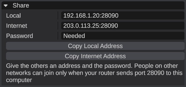 The Share section while hosting: the Local and Internet addresses with the port, Password Needed, and the Copy Local Address and Copy Internet Address buttons