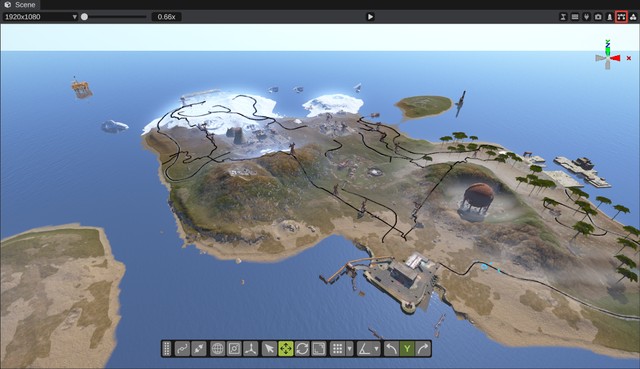 The scene view header with the show all splines button (marked) on, and every spline of the map drawn