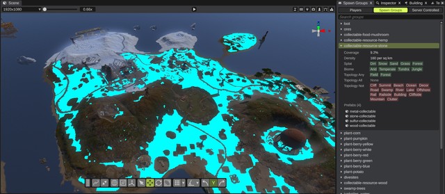The Spawn Groups panel with collectable-resource-stone picked and its details, and the cyan overlay on the terrain
