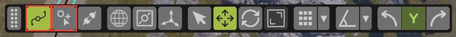 The transform widget with the spline edit mode button and the draw splines button marked