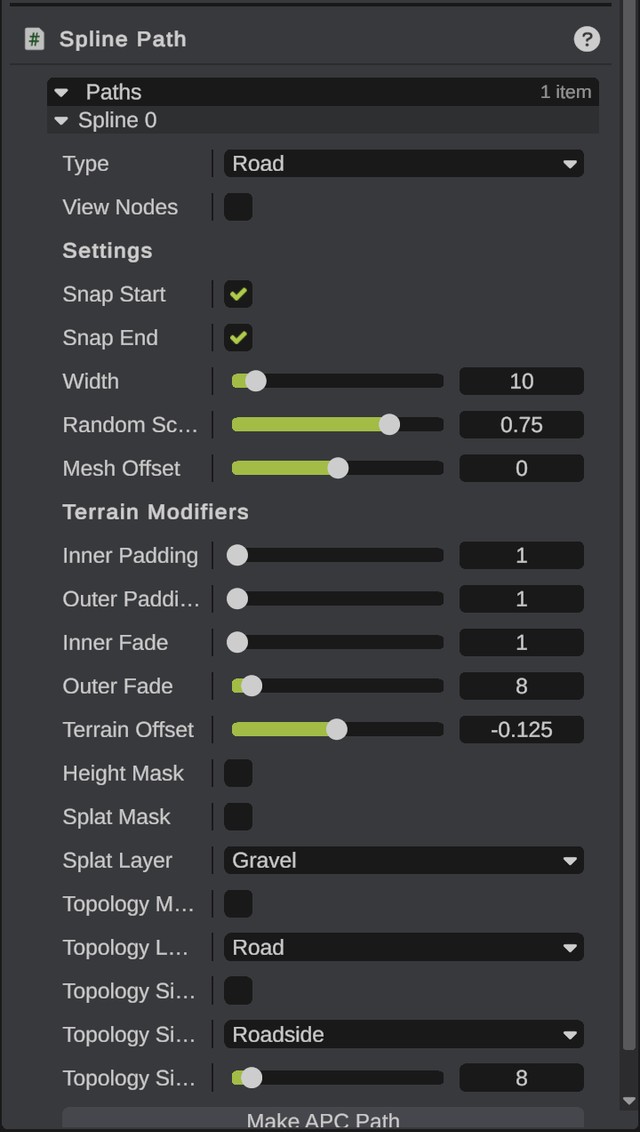 The Spline Path panel with Paths open and the Road type picked for Spline 0
