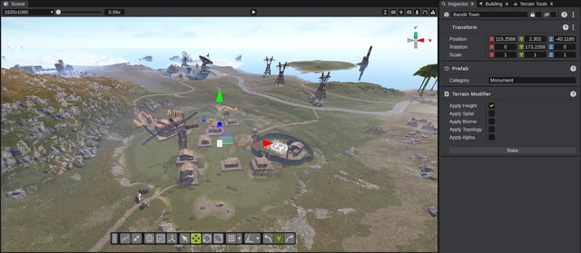 Bandit Town selected, its Terrain Modifier panel in the Inspector with Apply Height on, and the flattened ground around it