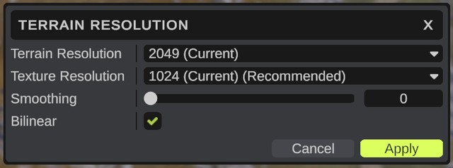 The Terrain Resolution dialog