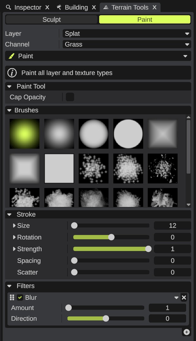 The Terrain Tools panel with Paint on, Layer Splat, Channel Grass, the Paint tool, and the Brushes, Stroke and Filters sections