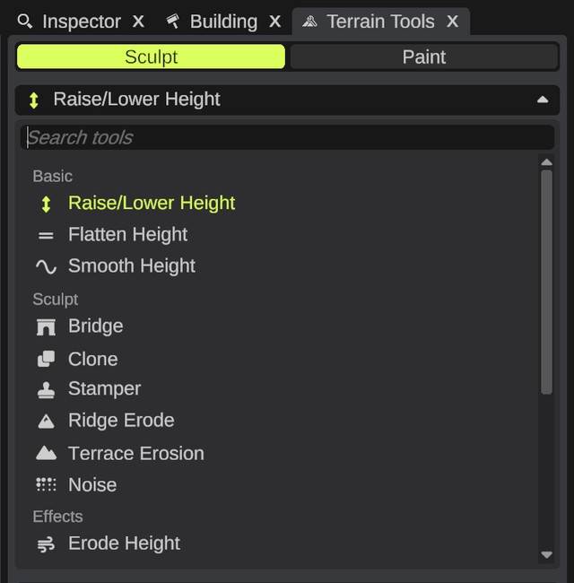 The open tool list in Sculpt mode, with its search box and groups