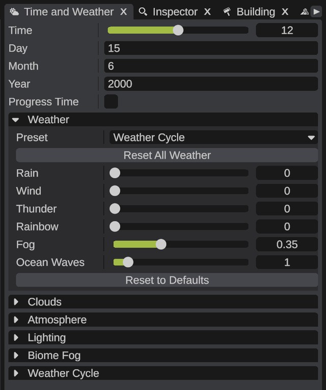 The Time and Weather panel with the time rows and the Weather section open