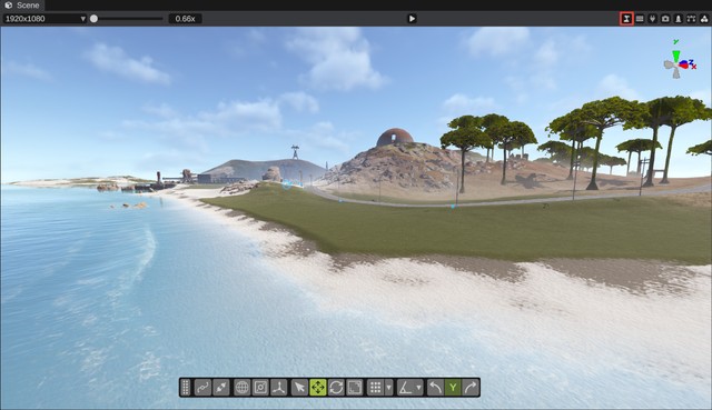 The scene view header with the tropical island button (marked) on, and a coast with the tropical sand and water