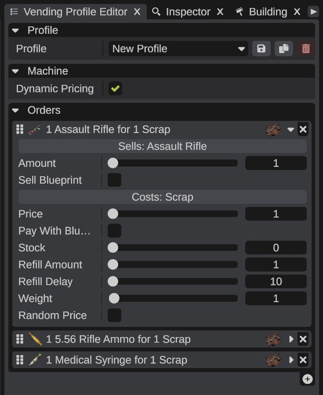 The Vending Profile Editor with a new profile open: Profile, Machine and three order cards, the first one unfolded
