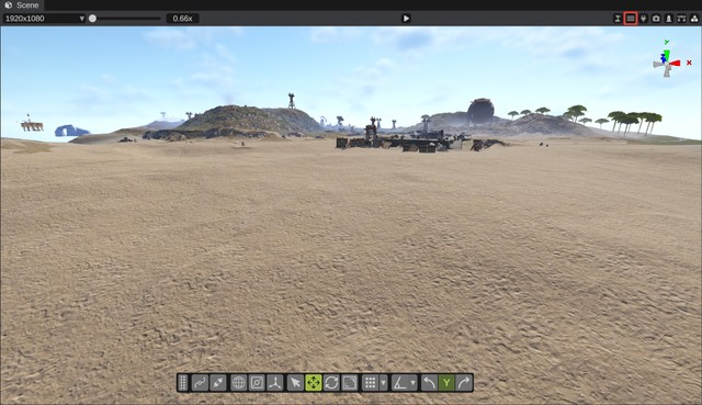 The scene view header with the water button (marked) off, and the sea floor with the water hidden